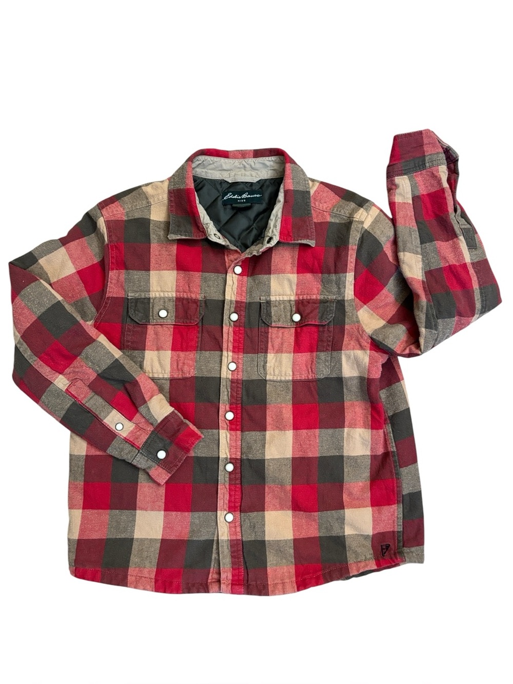 Eddie Bauer Kids‎ Red Tan Plaid Flannel Shacket Quilted Lining Size M
